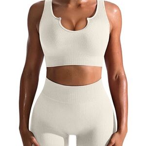Seamless Cream Ribbed Bralette and Leggings Short Set